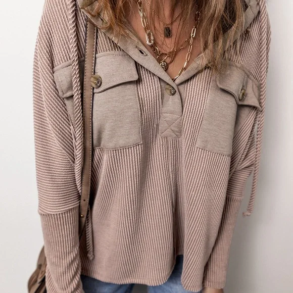 B132 Dark Brown Flap Pocket Patchwork Corded Drawstring Hoodie - Picture 2 of 5